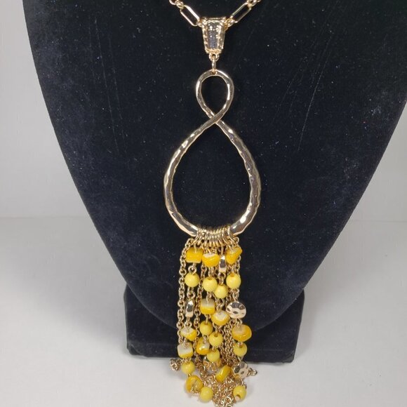 Gold Teardrop Infinity Tassel Necklace — Multi‑Strand Yellow Bead Accent Pendant - Picture 6 of 11